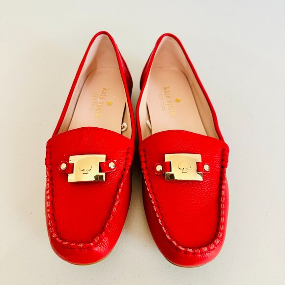 NEW KATE SPADE NEW YORK CARMEN RED PEBBLED LEATHER LOAFERS FLATS - Picture 2 of 9